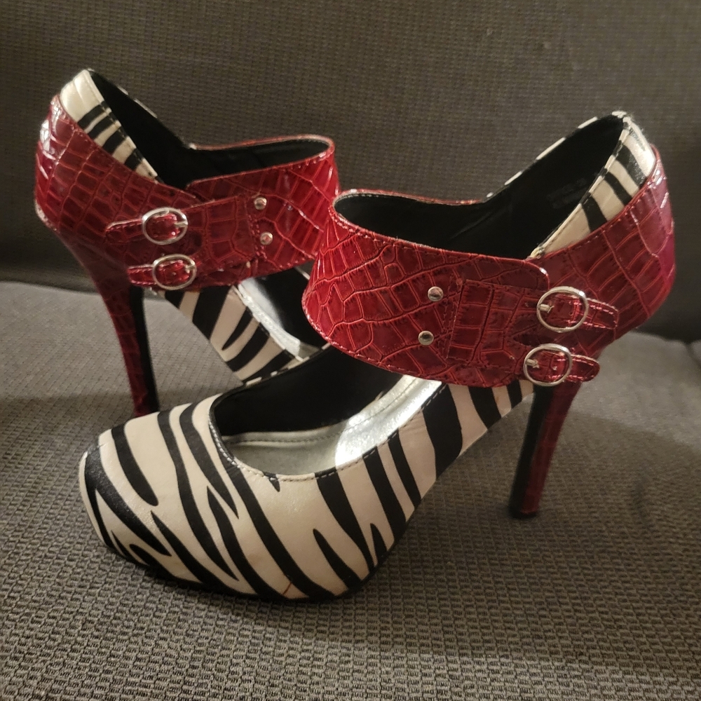Satin zebra print with red patent croc heels